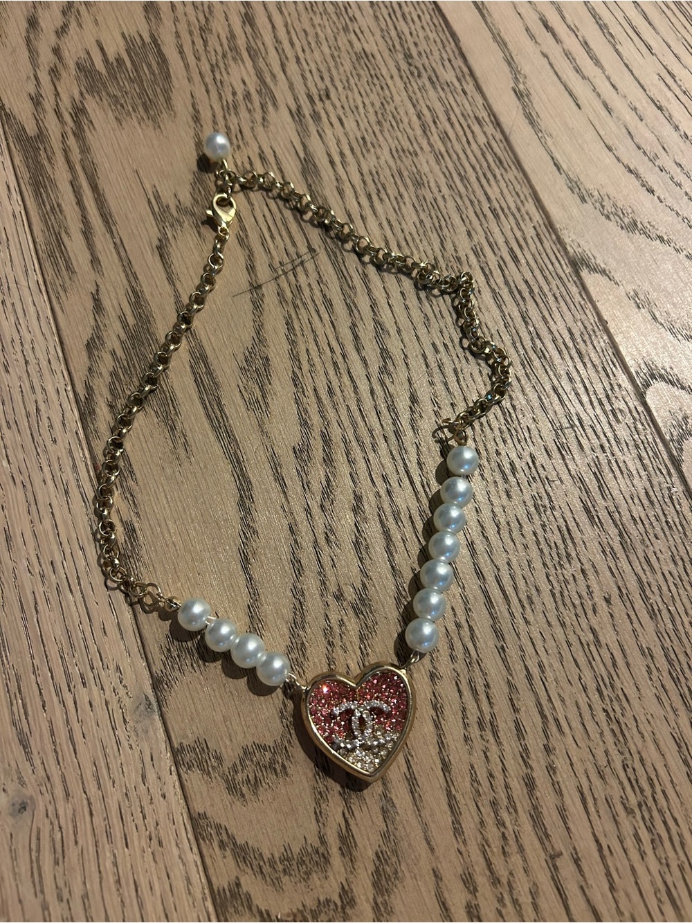 Chanel Double Sided Gold Pearl Heart Pendant Necklace with Pink & Gold Accents